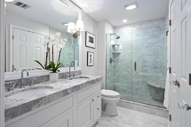 bathroom with vanity, toilet, and a shower with shower door