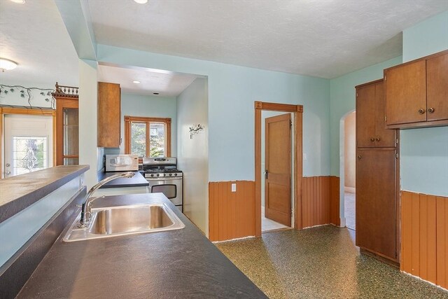 kitchen featuring white microwave, stainless steel gas range, a wainscoted wall, brown cabinets, and a sink