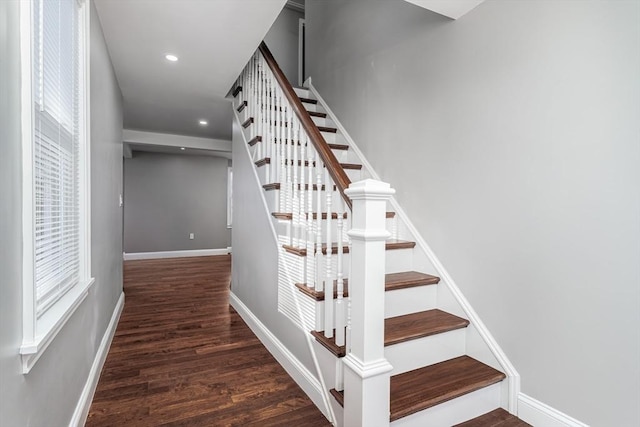 70 Sanborn St, Fitchburg, MA 01420 - stairs featuring wood finished floors, recessed lighting, and baseboards