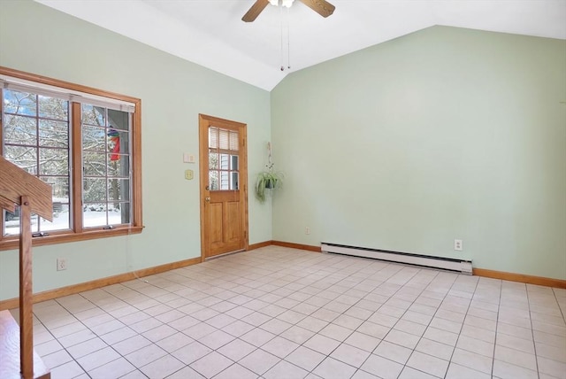 unfurnished room featuring vaulted ceiling, ceiling fan, and baseboard heating