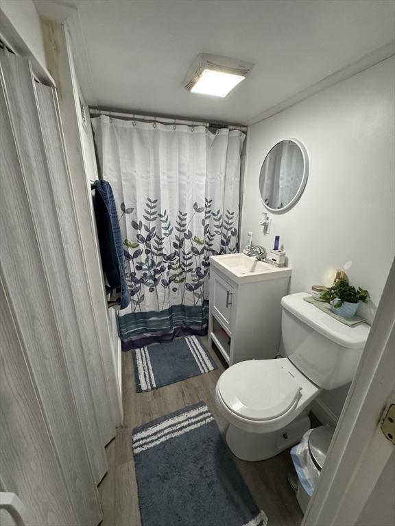 full bathroom featuring a shower with shower curtain, vanity, toilet, and wood finished floors