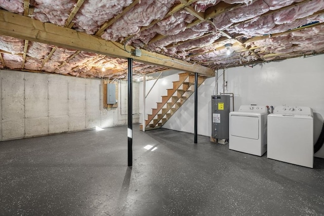 unfinished below grade area with electric panel, water heater, independent washer and dryer, and stairway