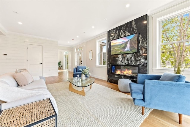 3 Colburn St Unit 1, Gloucester, MA 01930 - living room featuring crown molding, wood finished floors, a premium fireplace, and recessed lighting