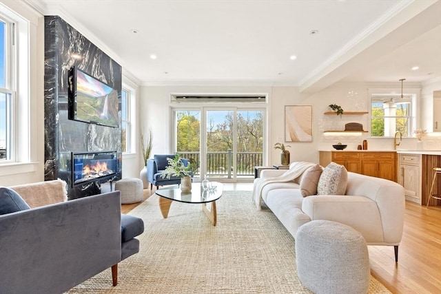 3 Colburn St Unit 1, Gloucester, MA 01930 - living room with light wood-type flooring, a high end fireplace, ornamental molding, and recessed lighting