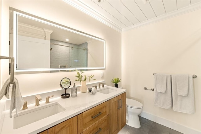 3 Colburn St Unit 1, Gloucester, MA 01930 - bathroom featuring ornamental molding, a stall shower, double vanity, and tile patterned floors