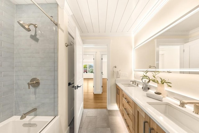 3 Colburn St Unit 1, Gloucester, MA 01930 - full bath with double vanity, crown molding, tile patterned flooring, and shower / bathtub combination