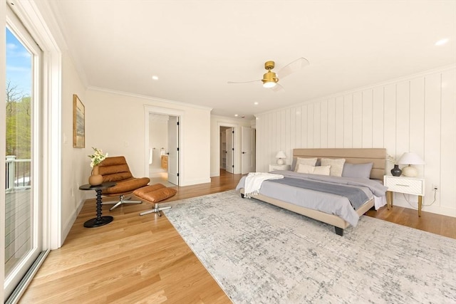 3 Colburn St Unit 1, Gloucester, MA 01930 - bedroom featuring crown molding, access to exterior, light wood-style flooring, and ceiling fan