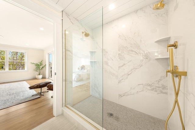 3 Colburn St Unit 1, Gloucester, MA 01930 - full bath with a marble finish shower, wood finished floors, and crown molding