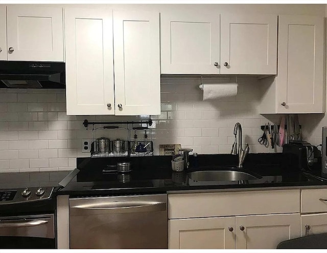 5 Hallmark Gdns Unit 6, Burlington, MA 01803 - kitchen featuring dishwasher, under cabinet range hood, white cabinets, and decorative backsplash