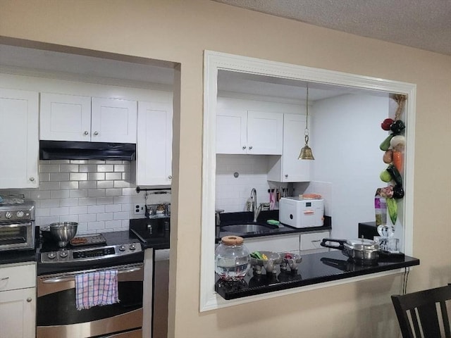 5 Hallmark Gdns Unit 6, Burlington, MA 01803 - kitchen featuring stainless steel range with electric cooktop, under cabinet range hood, white cabinets, and backsplash