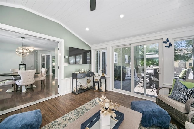 1 Woodland Ct Unit B, Milford, MA 01757 - living room with ornamental molding, a chandelier, wood finished floors, vaulted ceiling, and recessed lighting