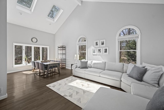 65 Sheffield Ter, Marlborough, MA 01752 - living area with high vaulted ceiling, beam ceiling, a skylight, dark wood-type flooring, and baseboards