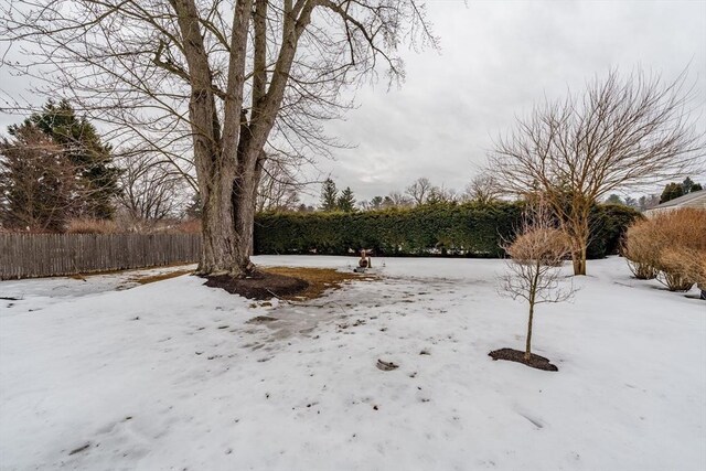 yard layered in snow with fence