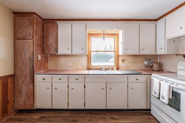 kitchen featuring electric stove, dark wood-type flooring, wainscoting, a sink, and wallpapered walls