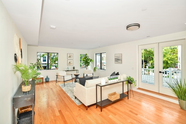 living room with french doors and light hardwood / wood-style flooring