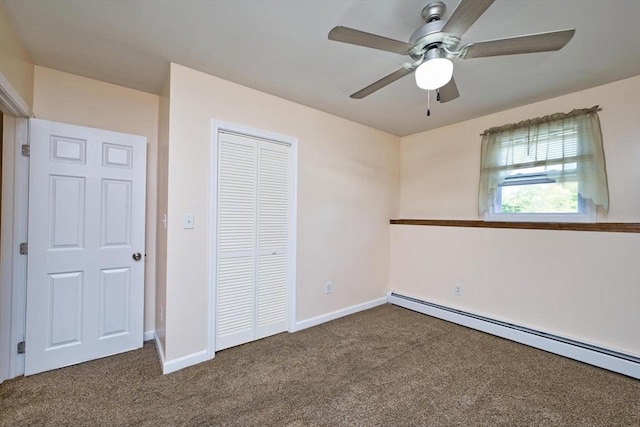 3652 N Main St Unit 4, Fall River, MA 02720 - unfurnished bedroom with a baseboard radiator, carpet flooring, a closet, and ceiling fan
