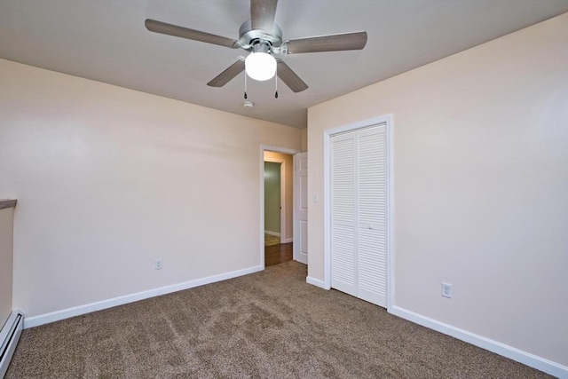 3652 N Main St Unit 4, Fall River, MA 02720 - unfurnished bedroom featuring carpet floors, a closet, baseboard heating, and a ceiling fan