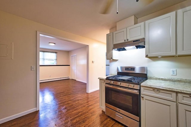 3652 N Main St Unit 4, Fall River, MA 02720 - kitchen with stainless steel range with gas stovetop, under cabinet range hood, a baseboard heating unit, dark wood-style flooring, and ceiling fan