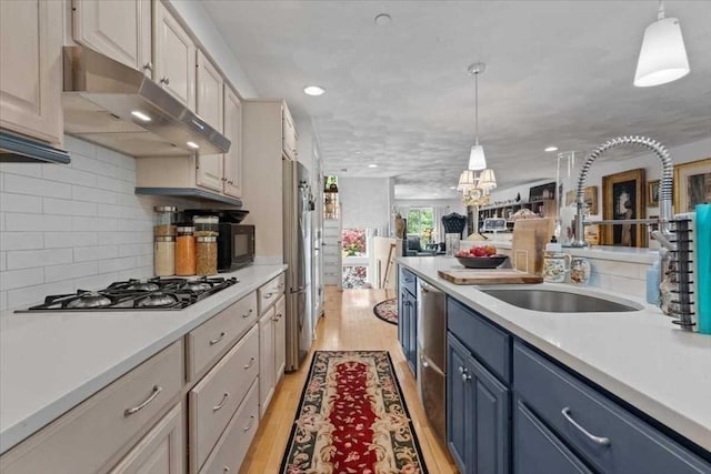 8 Deer Path Unit 8, Hudson, MA 01749 - kitchen featuring under cabinet range hood, appliances with stainless steel finishes, light countertops, blue cabinetry, and a sink