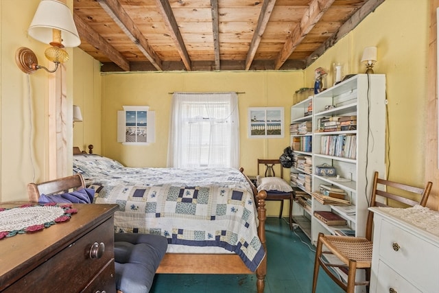 bedroom with wood ceiling and beamed ceiling