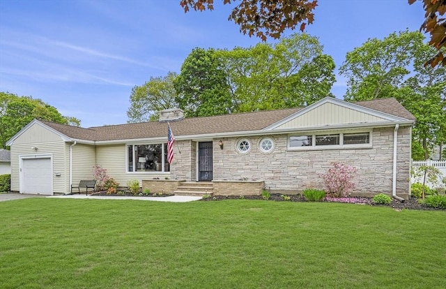 ranch-style house with a garage, a front lawn, stone siding, and a chimney