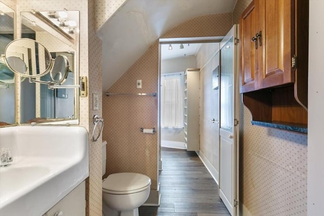 bathroom featuring hardwood / wood-style floors, vaulted ceiling, and toilet