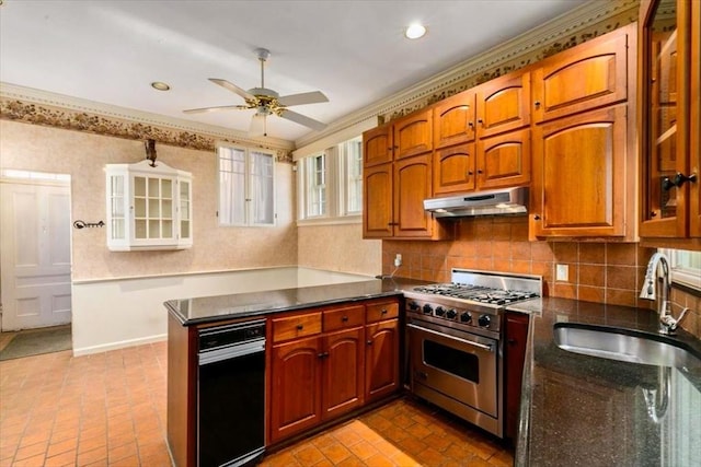 kitchen featuring tasteful backsplash, sink, ceiling fan, kitchen peninsula, and luxury stove