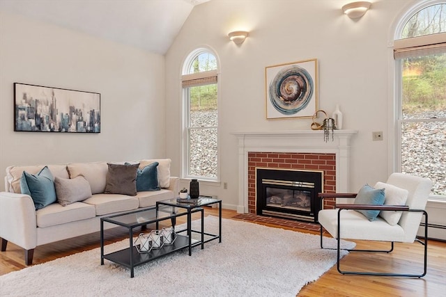 living room featuring wood finished floors, vaulted ceiling, and a fireplace