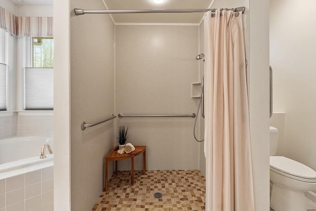 full bathroom with a garden tub, a stall shower, and toilet