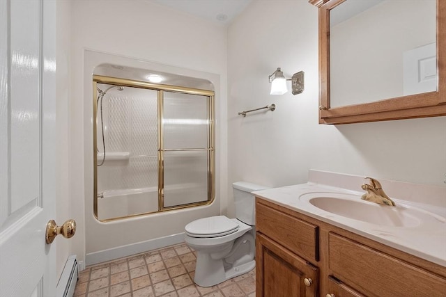 bathroom featuring a baseboard radiator, toilet, vanity, and bath / shower combo with glass door