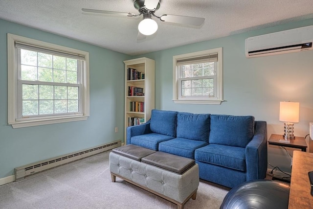 3 Alcorn Rd, Chelmsford, MA 01824 - living room with baseboard heating, a wall unit AC, carpet flooring, a textured ceiling, and a ceiling fan