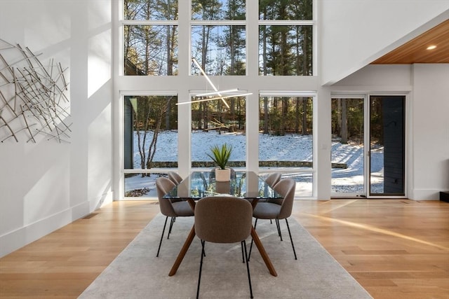 dining area featuring hardwood / wood-style floors, a towering ceiling, and a wealth of natural light