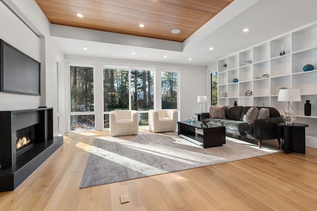 living room with light hardwood / wood-style floors and wooden ceiling