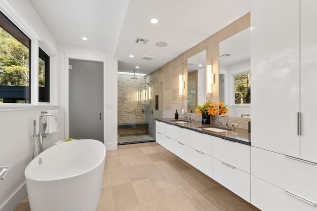 bathroom featuring vanity and separate shower and tub