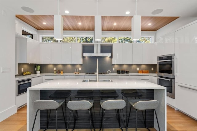 kitchen featuring white cabinetry, an island with sink, and wooden ceiling