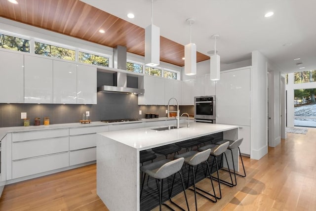 kitchen with sink, stainless steel appliances, wall chimney exhaust hood, and white cabinets