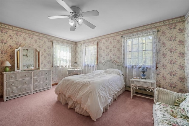 bedroom with ceiling fan and carpet floors