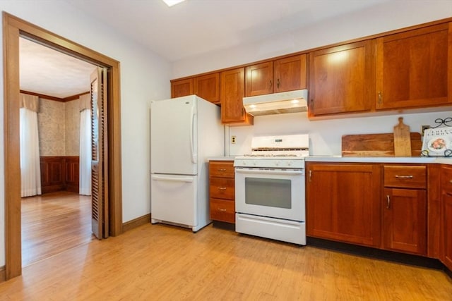 504 Mount Auburn St, Watertown, MA 02472 - kitchen with under cabinet range hood, white appliances, light wood-type flooring, brown cabinets, and light countertops