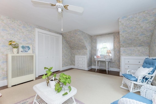 504 Mount Auburn St, Watertown, MA 02472 - living area featuring wallpapered walls, a ceiling fan, and wood finished floors