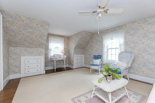 504 Mount Auburn St, Watertown, MA 02472 - sitting room featuring plenty of natural light, wallpapered walls, a ceiling fan, and wood finished floors