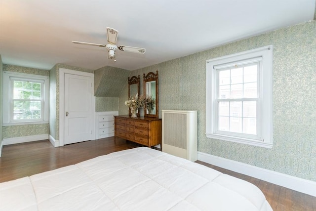 504 Mount Auburn St, Watertown, MA 02472 - bedroom with radiator heating unit, wood finished floors, wallpapered walls, and ceiling fan
