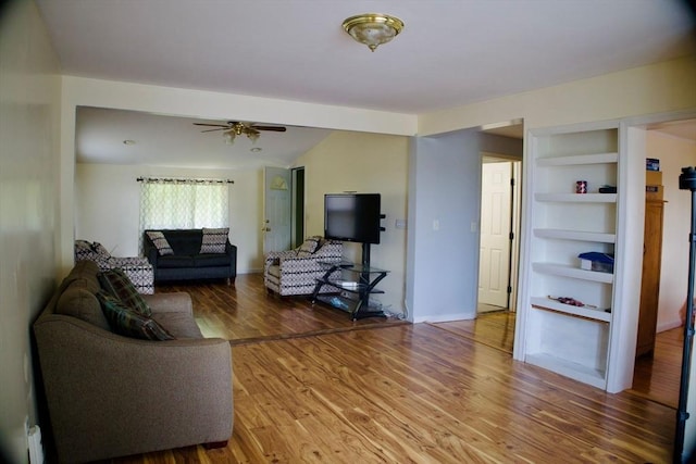 96 Harris St, Methuen, MA 01844 - living room featuring wood finished floors, ceiling fan, and built in shelves