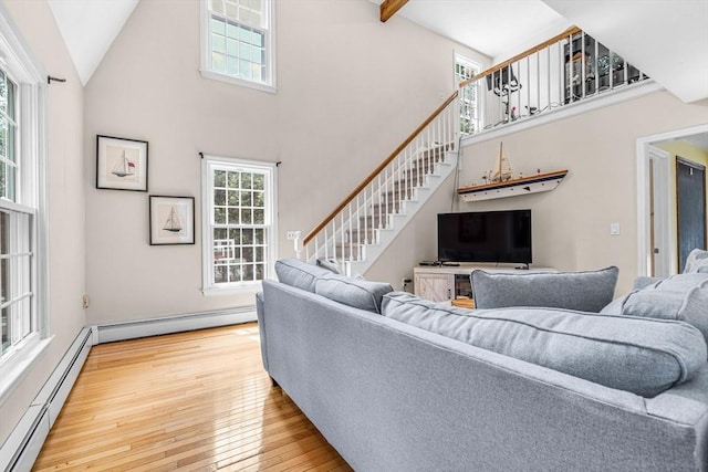 31 Alexander Rd, Hopkinton, MA 01748 - living room featuring a baseboard heating unit, stairway, hardwood / wood-style floors, and high vaulted ceiling