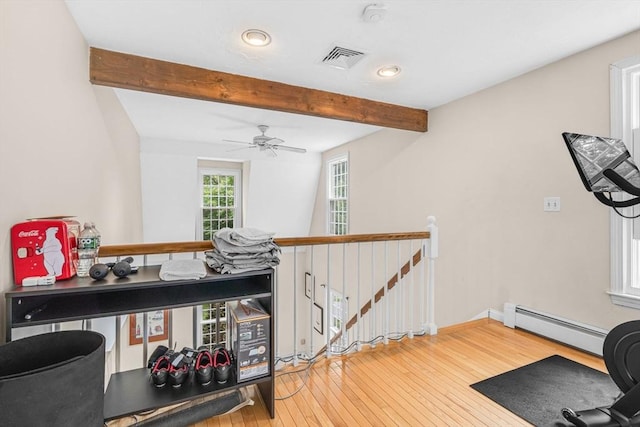 31 Alexander Rd, Hopkinton, MA 01748 - exercise room with a baseboard radiator, hardwood / wood-style flooring, recessed lighting, a ceiling fan, and baseboards