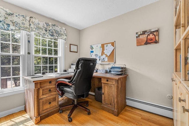 31 Alexander Rd, Hopkinton, MA 01748 - home office with a baseboard radiator, light wood-style flooring, and baseboards