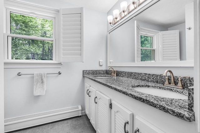 31 Alexander Rd, Hopkinton, MA 01748 - full bath featuring a baseboard heating unit, double vanity, and tile patterned floors