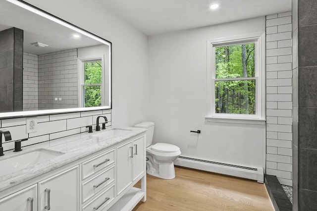 455 Main St, Rutland, MA 01543 - bathroom with a baseboard heating unit, wood finished floors, toilet, double vanity, and recessed lighting