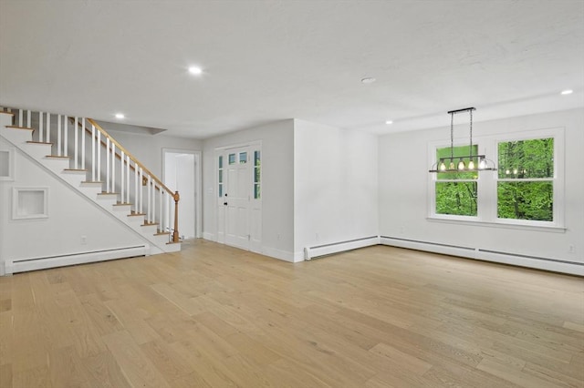 455 Main St, Rutland, MA 01543 - foyer featuring a baseboard radiator, stairway, light wood finished floors, recessed lighting, and a baseboard heating unit