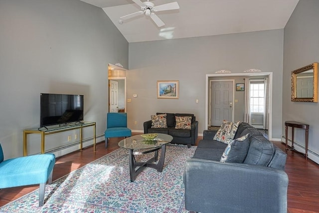 living room with dark hardwood / wood-style floors, ceiling fan, lofted ceiling, and a baseboard radiator