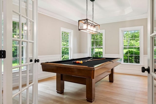 20 October Dr, Franklin, MA 02038 - rec room featuring pool table, french doors, ornamental molding, healthy amount of natural light, and light wood-style flooring
